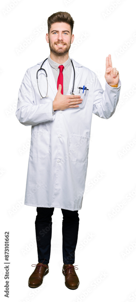 Young handsome doctor man wearing medical coat Swearing with hand on chest and fingers, making a loyalty promise oath Young handsome doctor man wearing medical coat Swearing with hand on chest and fingers, making a loyalty promise oath
