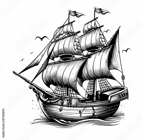 An old brigantine and galleon vessel on waves on a sea or ocean. Modern war ship, old sailing ship icon isolated on a white space.