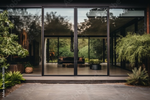 Aesthetic modern home entrance with sliding glass doors