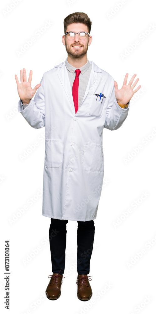 Young handsome scientist man wearing glasses showing and pointing up with fingers number ten while smiling confident and happy. Young handsome scientist man wearing glasses showing and pointing up with fingers number ten while smiling confident and happy.