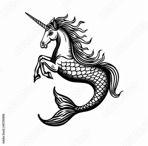 A modern version of a medieval heraldic animal sketch showing a horse dragon with a fish tail and claws. Fantasy heraldry sketch showing a mythical or beastly creature with a mermaid tail and claws photo