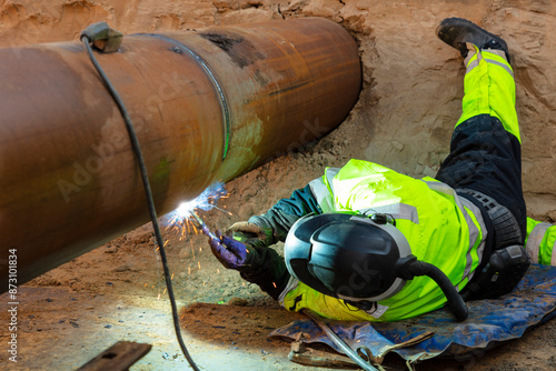 Maintenance engineer welding pipeline at construction site photo