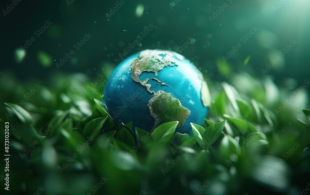 A beautiful display of Earth Day symbolized by a globe surrounded by greenery and foliage A beautiful display of Earth Day symbolized by a globe surrounded by greenery and foliage