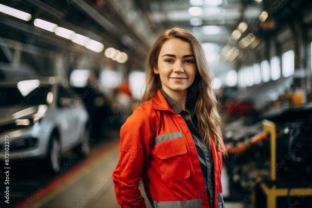 Portrait of a smiling woman working in a automotive factory Portrait of a smiling woman working in a automotive factory