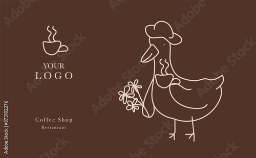 Web banner vector, coffee shop menu design. Restaurant menu design. Hand-drawn goose with cup of coffee vector illustration.