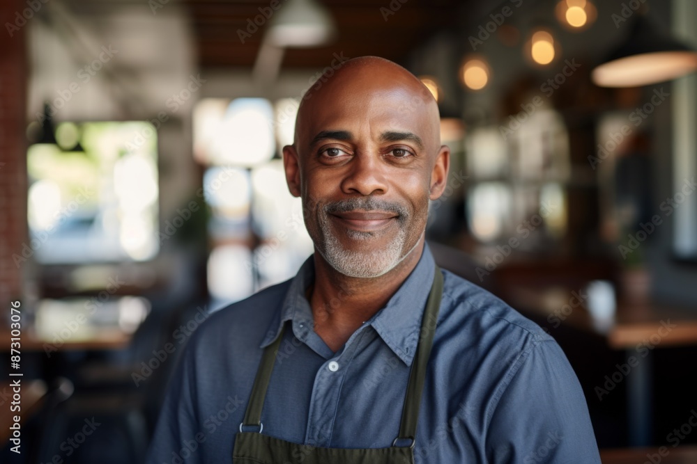 Fototapeta premium Portrait of a middle aged African American male barista smiling in modern cafe