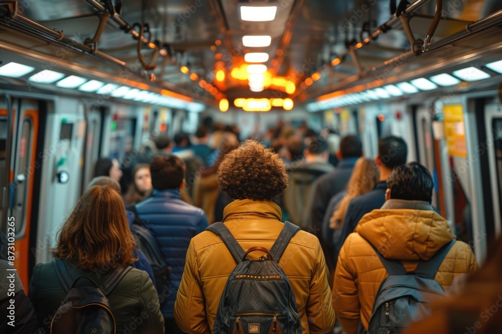 A bustling scene in a crowded subway train with commuters moving in different directions during rush hour, under vibrant lights. A bustling scene in a crowded subway train with commuters moving in different directions during rush hour, under vibrant lights.