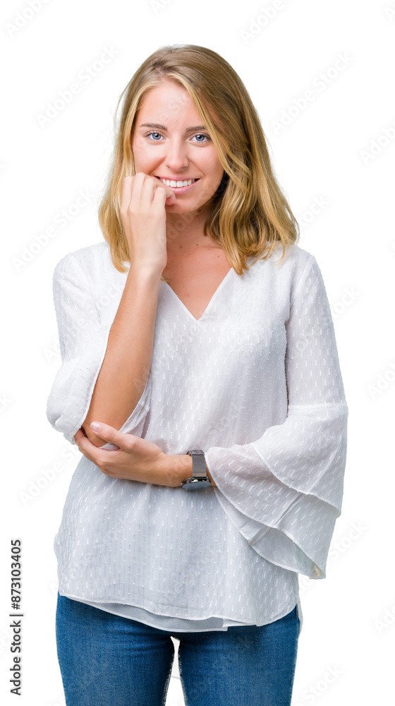 Beautiful young elegant woman over isolated background looking stressed and nervous with hands on mouth biting nails. Anxiety problem. Beautiful young elegant woman over isolated background looking stressed and nervous with hands on mouth biting nails. Anxiety problem.