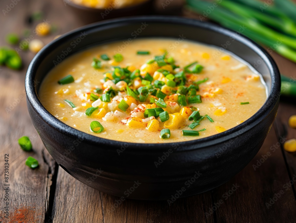 A delicious bowl of creamy corn chowder garnished with fresh parsley and black pepper, perfect for a hearty meal. A delicious bowl of creamy corn chowder garnished with fresh parsley and black pepper, perfect for a hearty meal.