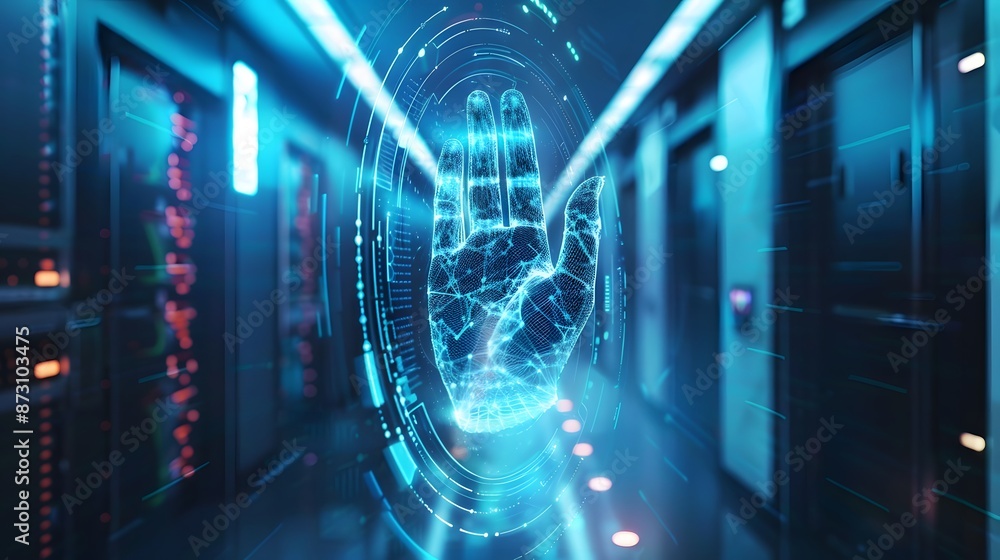 A hand is projected onto a wall in a room. The hand is surrounded by a blue circle, and the room is dimly lit. Concept of mystery and intrigue A hand is projected onto a wall in a room. The hand is surrounded by a blue circle, and the room is dimly lit. Concept of mystery and intrigue