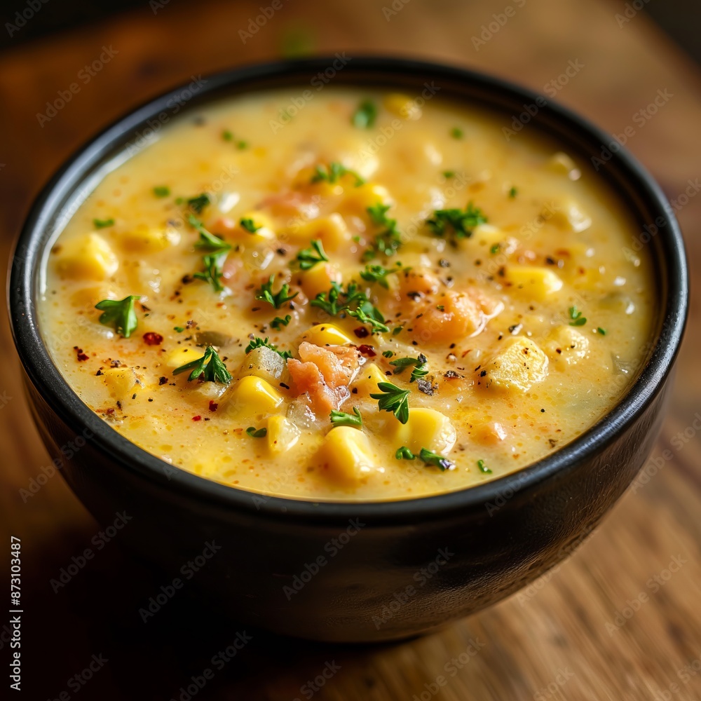 A delicious bowl of creamy corn chowder garnished with fresh parsley and black pepper, perfect for a hearty meal. A delicious bowl of creamy corn chowder garnished with fresh parsley and black pepper, perfect for a hearty meal.