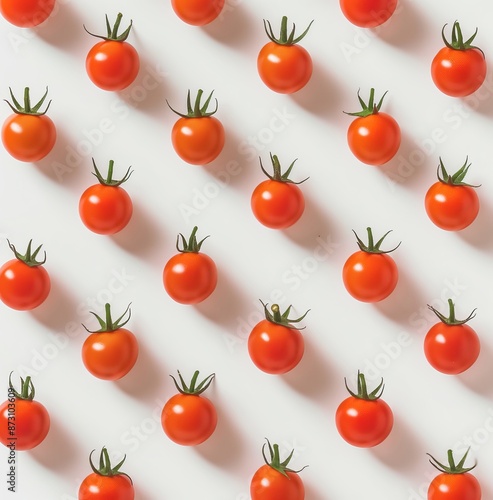 Arrangement of cherry tomatoes in a grid pattern on a white background, highlighting their fresh and healthy appearance, ideal for food-related projects.