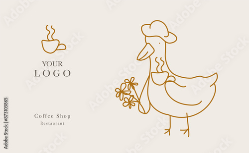 Web banner vector, coffee shop menu design. Restaurant menu design. Hand-drawn goose with cup of coffee vector illustration.