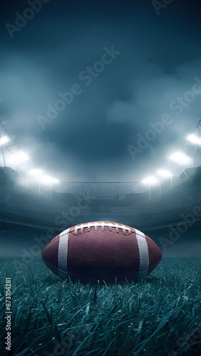 Illuminated stadium under misty night sky with American football on grass Vertical Mobile Wallpaper