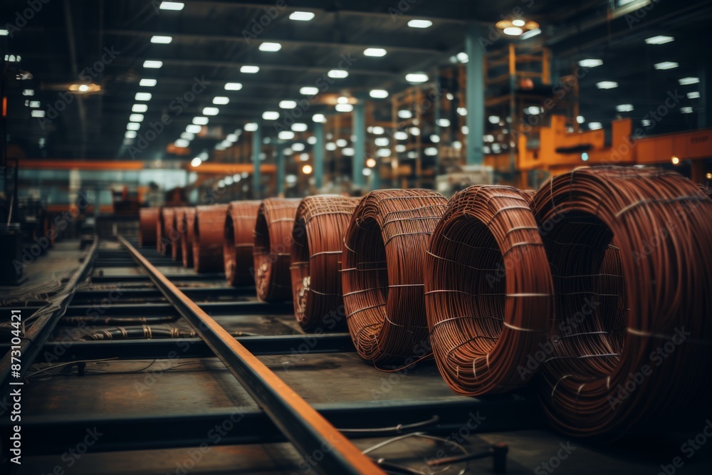 Wires and cables in coils at cable production factory Wires and cables in coils at cable production factory