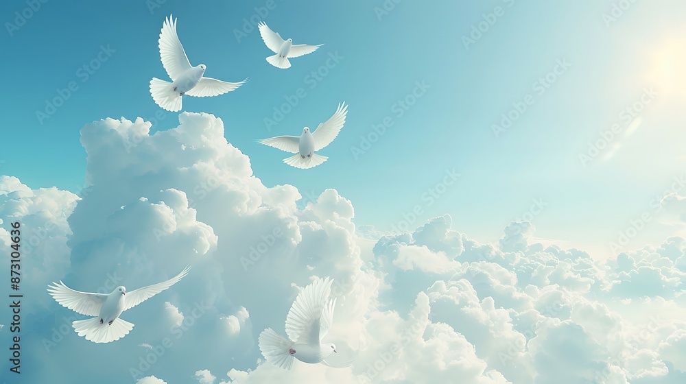 Blue sky backdrop with a cluster of white doves ascending on the left ...