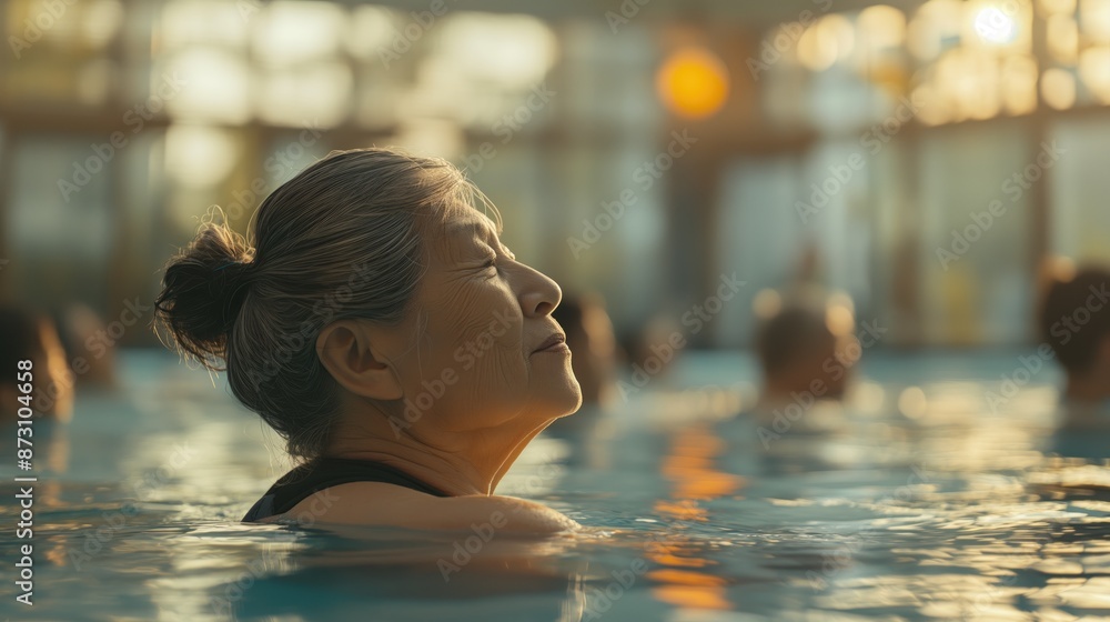 An elderly Asian woman enjoying a peaceful moment in a sunlit indoor pool. Other seniors are seen in the background, participating in aquatic activities An elderly Asian woman enjoying a peaceful moment in a sunlit indoor pool. Other seniors are seen in the background, participating in aquatic activities
