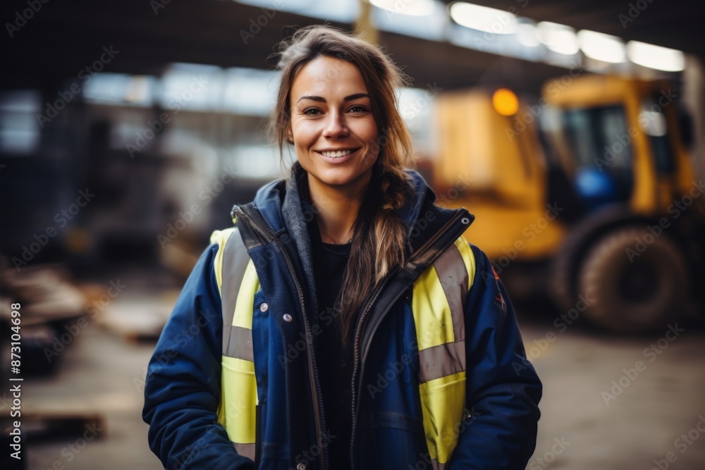Portrait of a female construction worker on site next to machinery Portrait of a female construction worker on site next to machinery