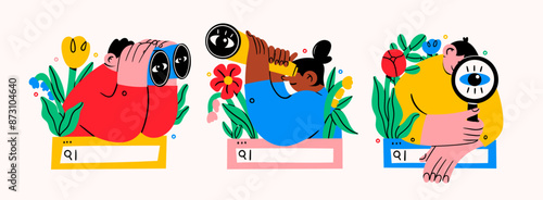 Set of people with binoculars, magnifying glass on search bar with flowers. Searching, finding, web surfing, looking for opportunities concept. Hand drawn Vector illustration. Isolated design elements