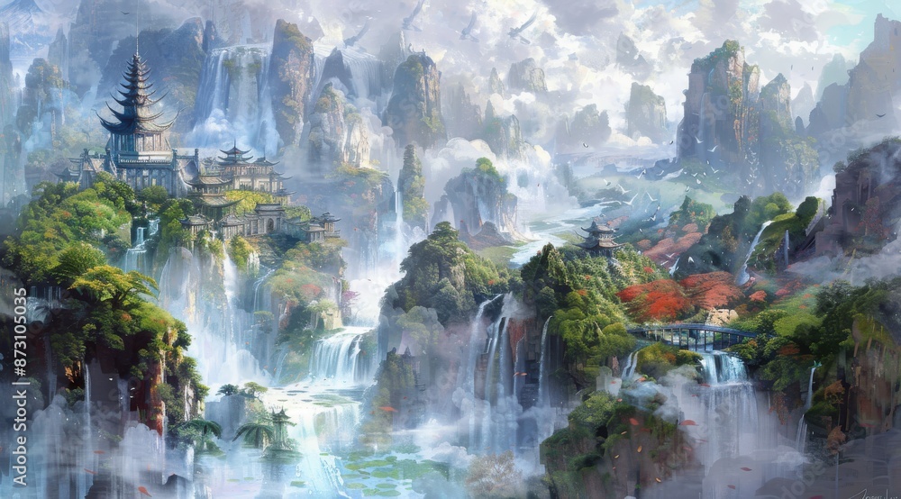Chinese style painting, an autumn scene with misty mountains and flowing water in the background Chinese style painting, an autumn scene with misty mountains and flowing water in the background