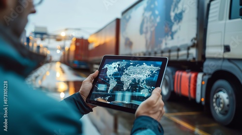 Businessman Holding a Tablet with Global Network Connections at a Shipping Port