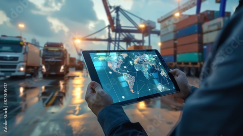 Businessman Holding a Tablet with Global Network Connections at a Shipping Port