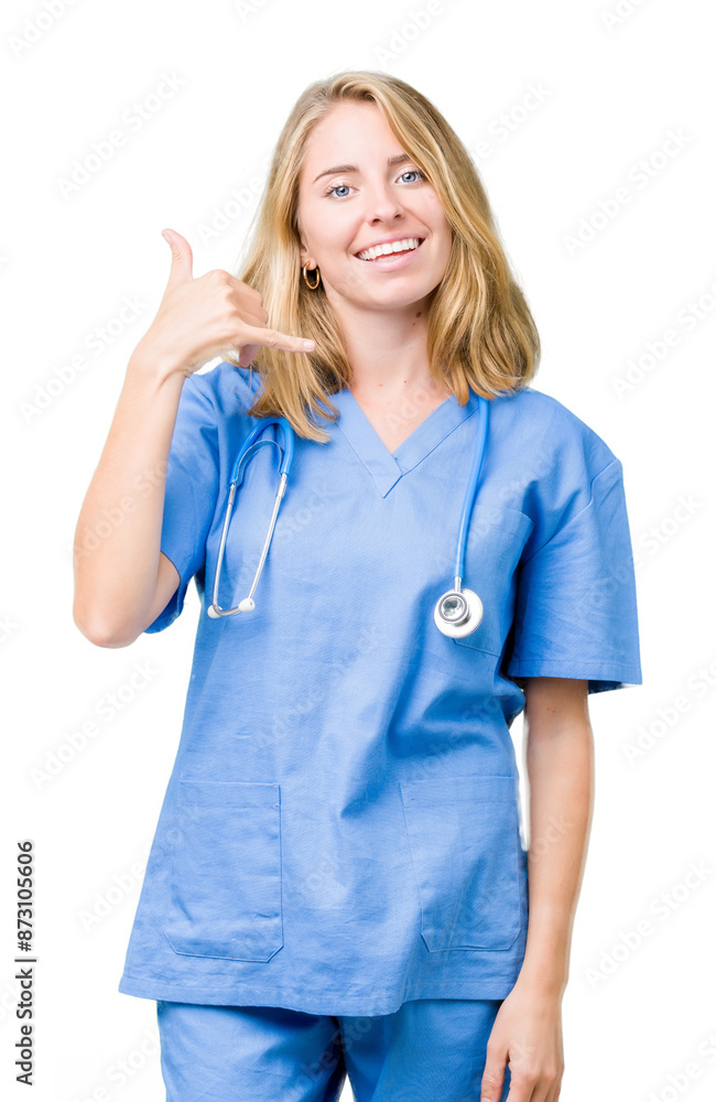 Beautiful young doctor woman wearing medical uniform over isolated background smiling doing phone gesture with hand and fingers like talking on the telephone. Communicating concepts. Beautiful young doctor woman wearing medical uniform over isolated background smiling doing phone gesture with hand and fingers like talking on the telephone. Communicating concepts.