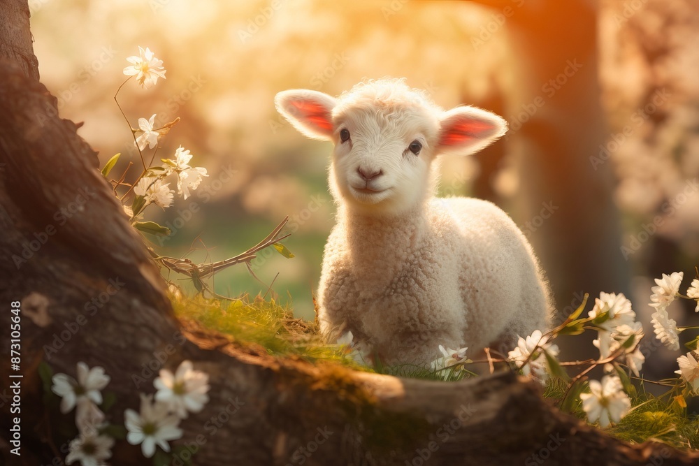A lamb resting on a moss-covered log, surrounded by white flowers and illuminated by gentle sunlight. Perfect for themes of spring, nature, and tranquility. A lamb resting on a moss-covered log, surrounded by white flowers and illuminated by gentle sunlight. Perfect for themes of spring, nature, and tranquility.