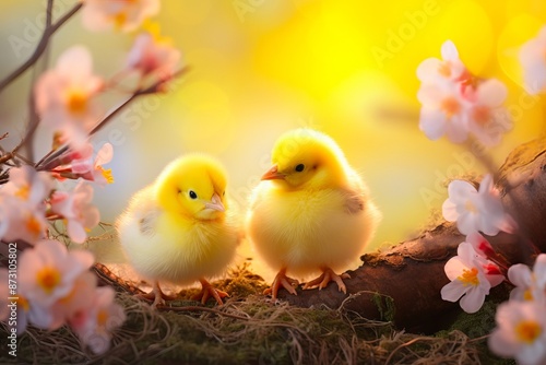 Two fluffy chicks perched on a log, surrounded by delicate blossoms and a warm, glowing background. Perfect for themes of spring, nature, and new beginnings. © Darya