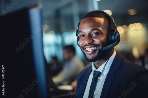 Portrait of a young male service representative with headset in office © NikoG