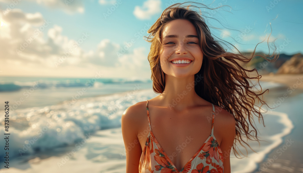 Joyful young brunette woman walks along the coast in summer. Outdoors pursuit. Beautiful tanned girl in summer dress on the beach.
Joyful young brunette woman walks along the coast in summer. Outdoors pursuit. Beautiful tanned girl in summer dress on the beach.
