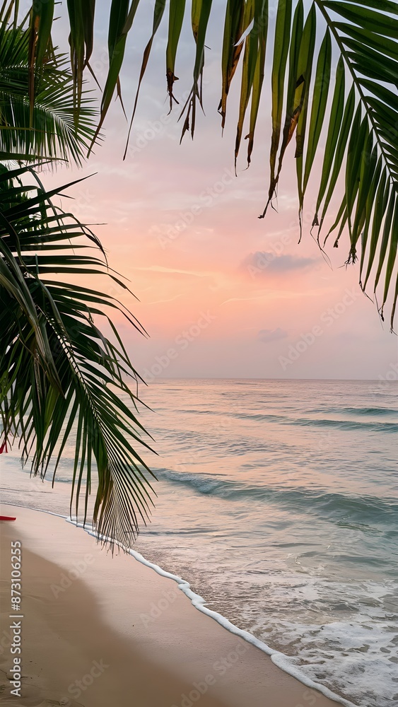 Fototapeta premium Serene beach at sunrise with pink and orange sky, palm leaves Vertical Mobile Wallpaper