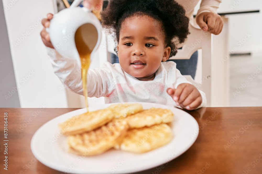Black girl, baby and waffles for breakfast in home, pouring honey and fiber for growth development. Female person, nutrition and food for wellness in kitchen, morning and kid or child for eating Black girl, baby and waffles for breakfast in home, pouring honey and fiber for growth development. Female person, nutrition and food for wellness in kitchen, morning and kid or child for eating