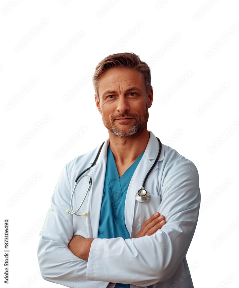 Isolated male healthcare worker wearing white coat stands with crossed arms and with stethoscope on his neck.