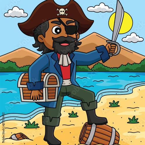 Pirate Holding Sword Colored Cartoon Illustration photo