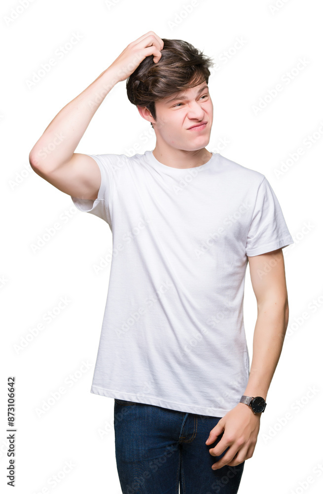 Young handsome man wearing casual white t-shirt over isolated background confuse and wonder about question. Uncertain with doubt, thinking with hand on head. Pensive concept. Young handsome man wearing casual white t-shirt over isolated background confuse and wonder about question. Uncertain with doubt, thinking with hand on head. Pensive concept.