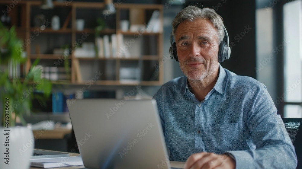 Portrait Mature business man employee looking at camera or webcam talking having remote meeting in a headset, video conference call, leading corporate training working in office. Portrait Mature business man employee looking at camera or webcam talking having remote meeting in a headset, video conference call, leading corporate training working in office.