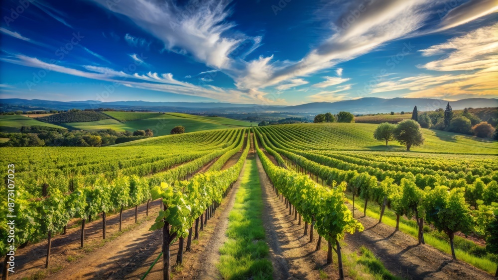 Serene landscape of lush green rows of vines stretching into the distance beneath a brilliant blue cloudless sky. Serene landscape of lush green rows of vines stretching into the distance beneath a brilliant blue cloudless sky.