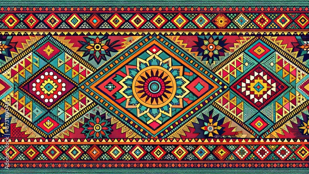 Vibrant abstract banner template featuring intricate tribal aztec ornamentation and eclectic ethnic patterns in a seamless repeating design. Vibrant abstract banner template featuring intricate tribal aztec ornamentation and eclectic ethnic patterns in a seamless repeating design.