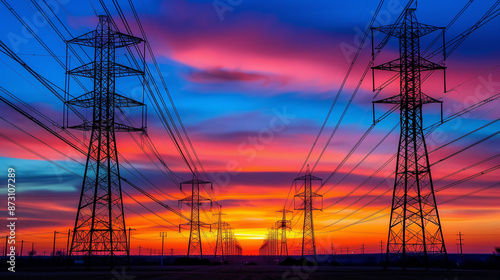 Power Transmission Lines Silhouetted Against Vibrant Sunset Sky