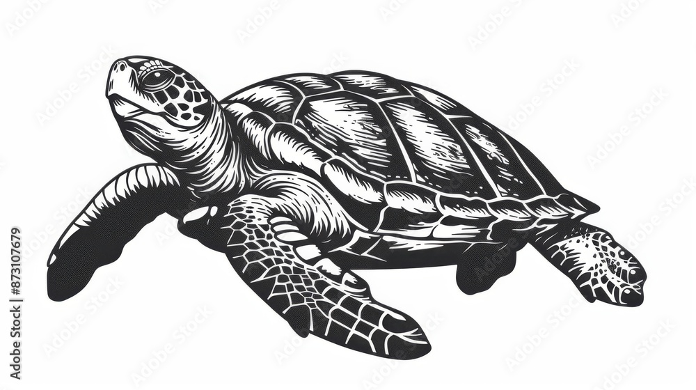 Obraz premium The caretta ocean terrapin with shell, an aquarium pet mascot for marine reptiles. The loggerhead sea turtle, a marine animal, a reptile for the sea.
