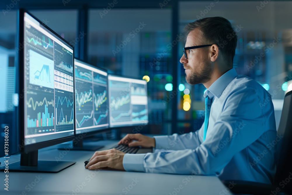 A business professional is analyzing data on an office computer screen. A business professional is analyzing data on an office computer screen.