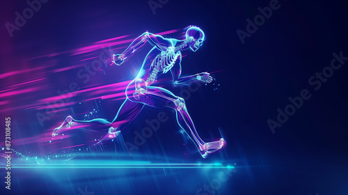 Futuristic Neon Runner in Motion with Digital Effects and Speed Lines © Tanayut