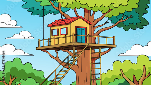 a treehouse high up in a tree 