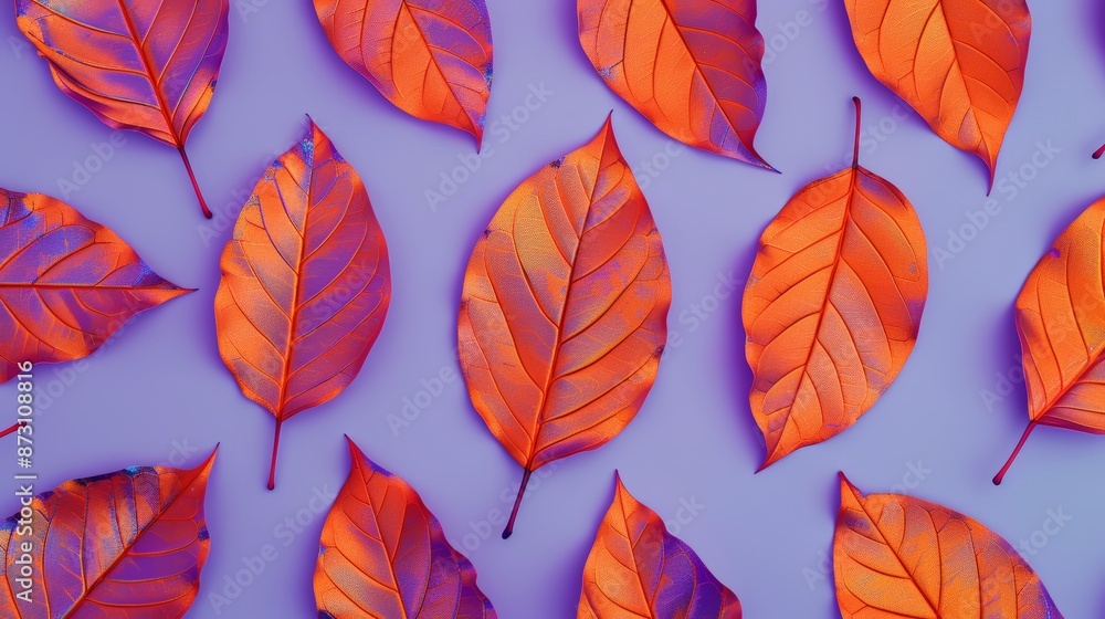 Abstract pattern of dry orange metallic leaves on a violet background, enhanced with glowing holographic elements, creating a vibrant and modern aesthetic Abstract pattern of dry orange metallic leaves on a violet background, enhanced with glowing holographic elements, creating a vibrant and modern aesthetic