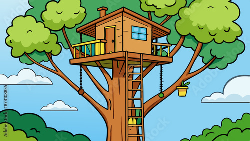 a treehouse high up in a tree 