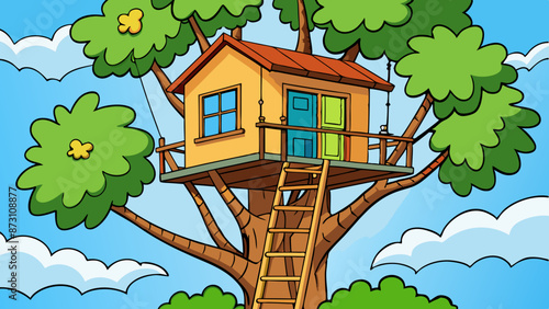 a treehouse high up in a tree 