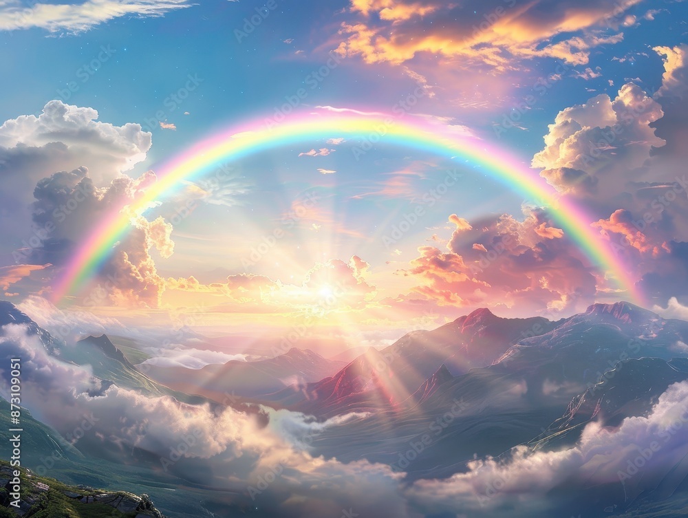 Stunning mountain landscape with vibrant rainbow arching over misty peaks and colorful sky, creating a breathtaking serene scene. Stunning mountain landscape with vibrant rainbow arching over misty peaks and colorful sky, creating a breathtaking serene scene.