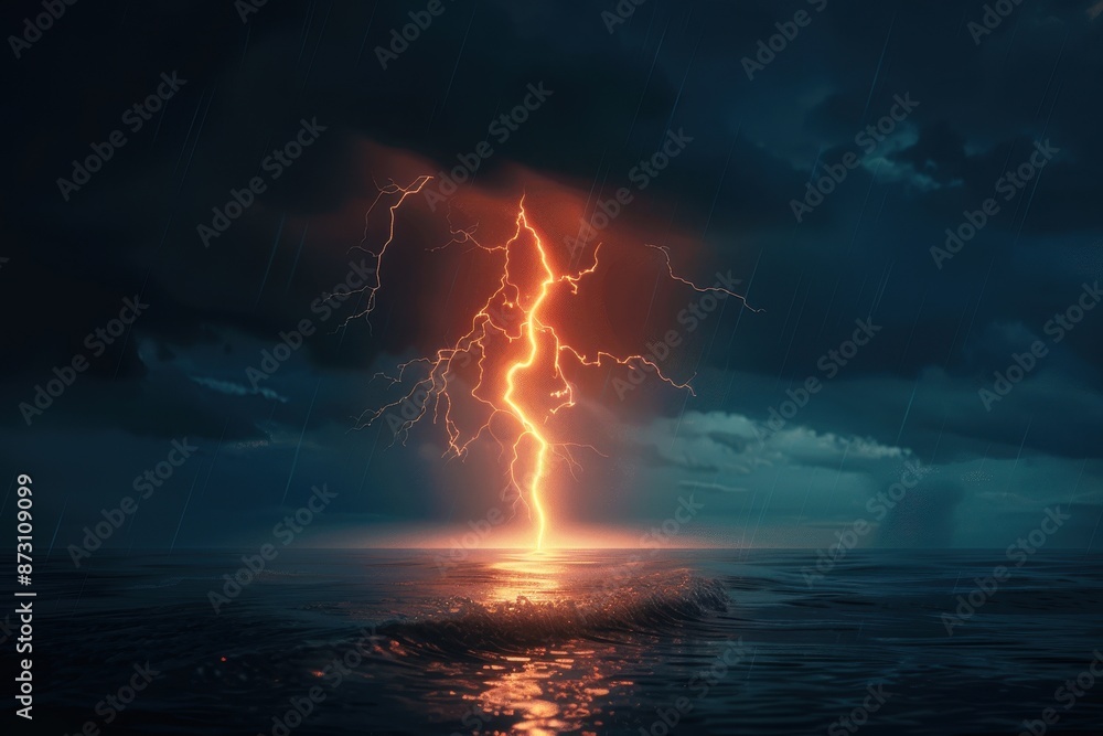 Obraz premium Striking shot of a powerful lightning bolt hitting the ocean under a stormy sky, illuminating the dark waters with a brilliant glow.