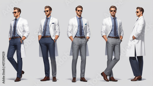 set of 3 d cartoon business men in white clothes with different poses